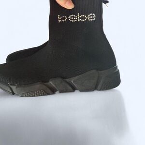 Bebe Rhinestone Logo Black slip on Ankle Booties 6